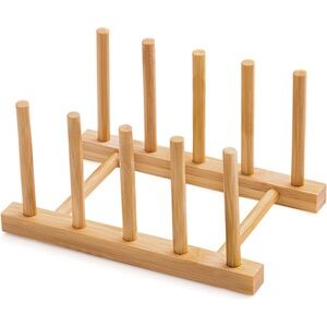 INNERNEED Bamboo Wooden Dish Rack Vertical Plate Lid Organizer Drying Stand